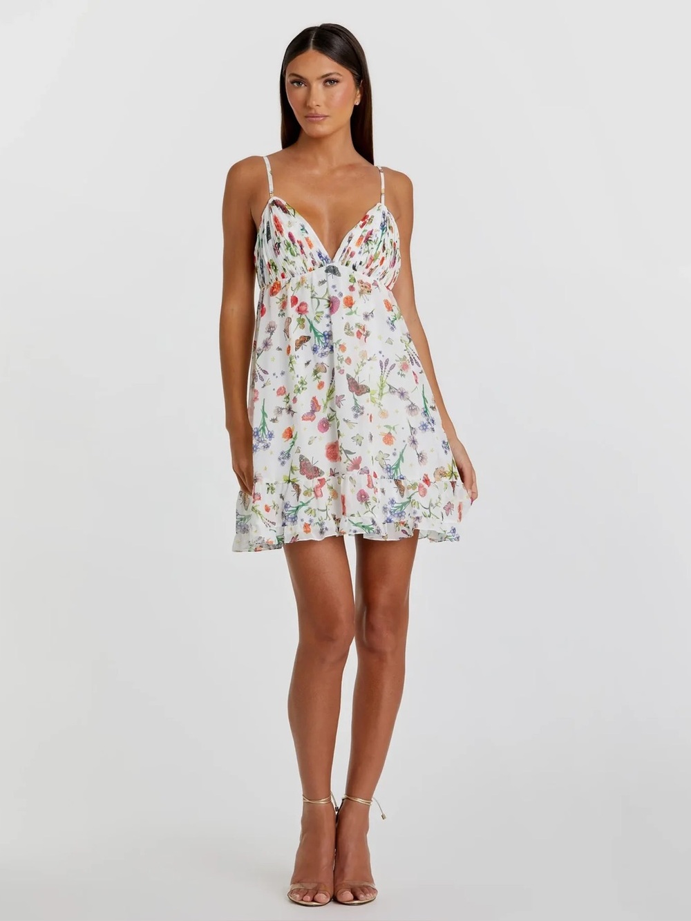 NWT IEENA Mac Duggal 70197 Floral Butterfly Chiffon Mini Dress Size 6White Multi